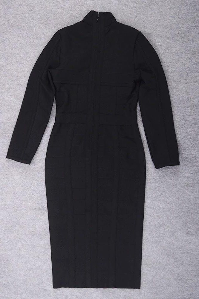 Woman wearing a figure flattering Brooke Long Sleeve Bandage Dress - Classic Black BODYCON COLLECTION
