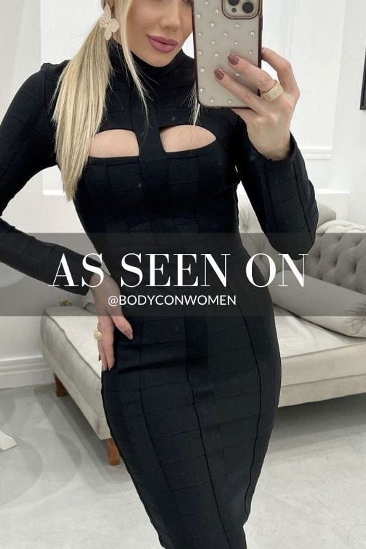 Woman wearing a figure flattering Brooke Long Sleeve Bandage Dress - Classic Black BODYCON COLLECTION