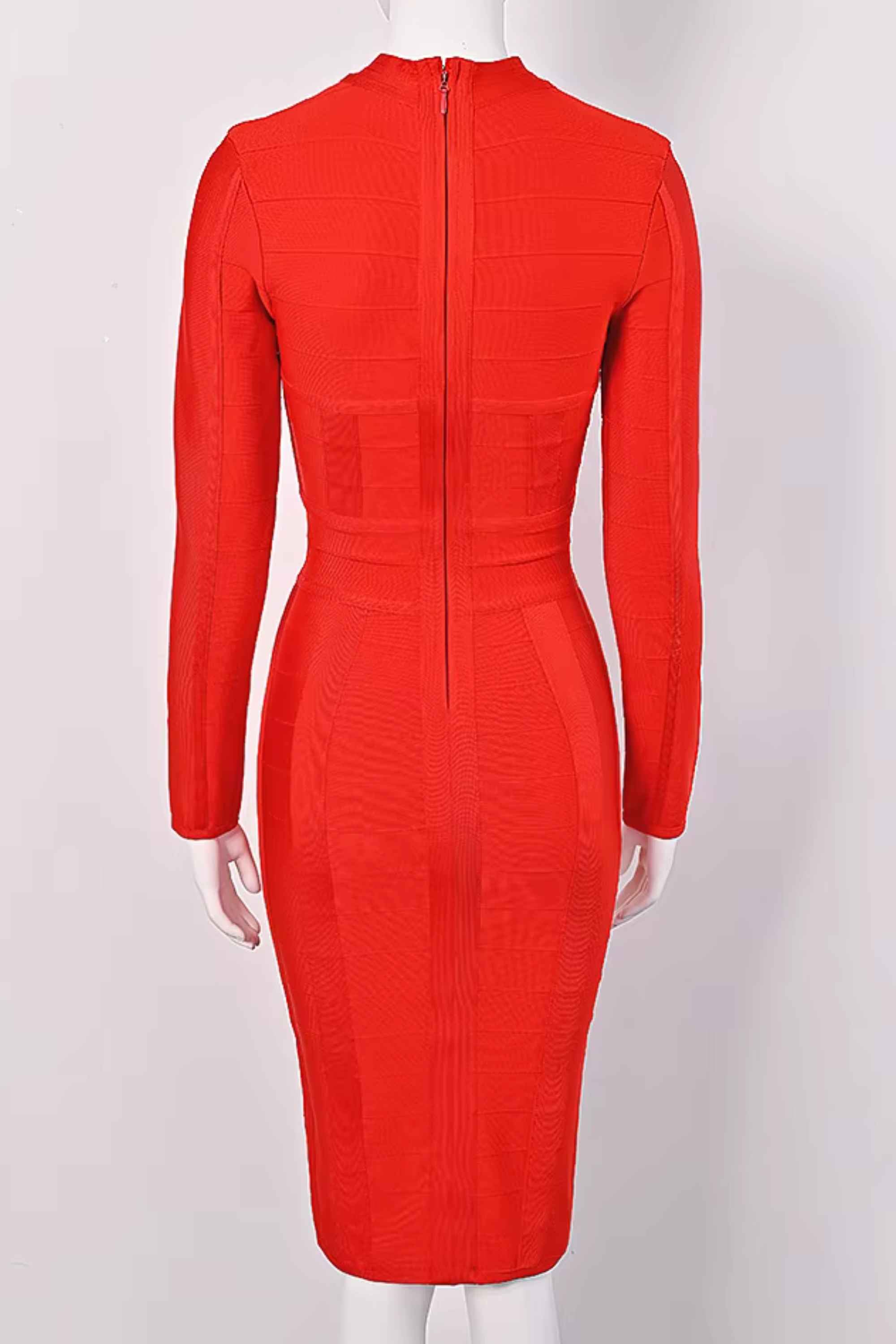 Woman wearing a figure flattering Brooke Long Sleeve Bandage Dress - Lipstick Red BODYCON COLLECTION