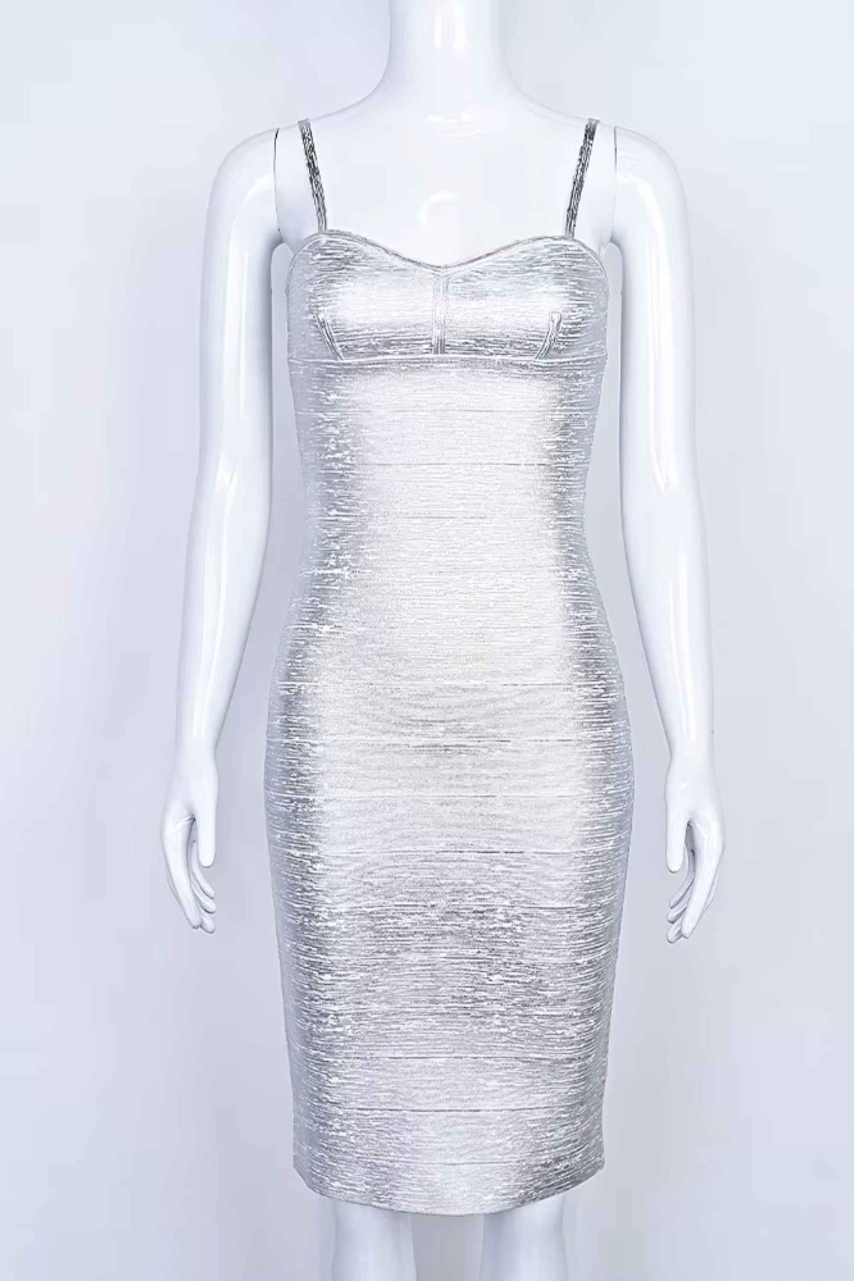 Woman wearing a figure flattering Camila Bandage Dress - Silver BODYCON COLLECTION Pty Ltd