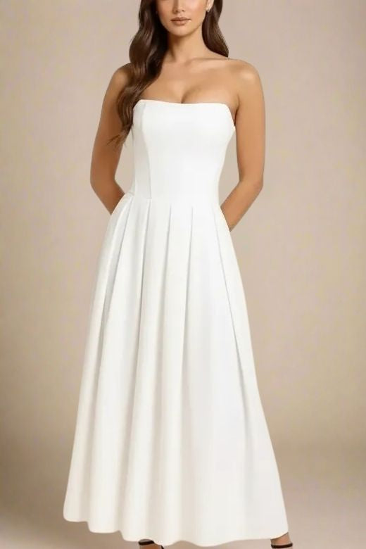 Woman wearing a figure flattering Capri Bodycon Strapless Midi Dress - Pearl White BODYCON COLLECTION