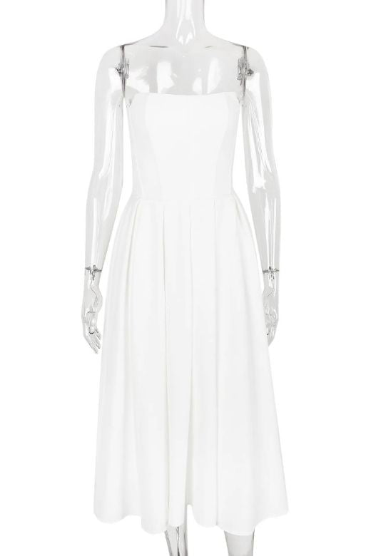 Woman wearing a figure flattering Capri Strapless Midi Dress - White Pearl BODYCON COLLECTION