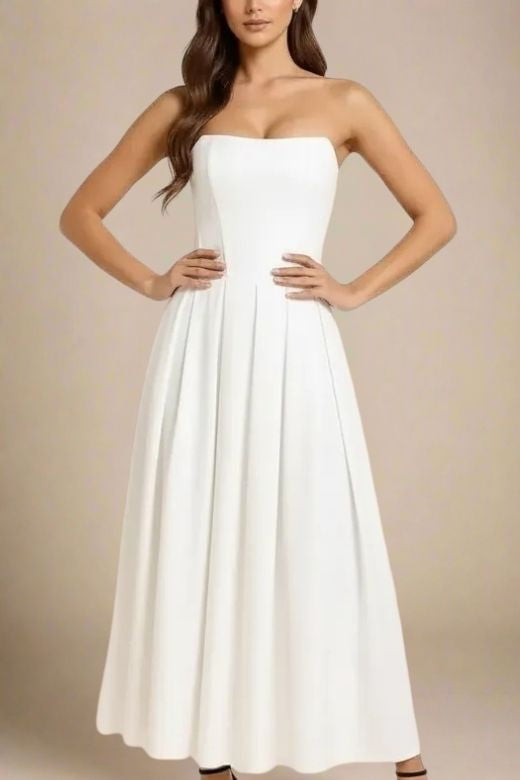 Woman wearing a figure flattering Capri Strapless Midi Dress - White Pearl BODYCON COLLECTION