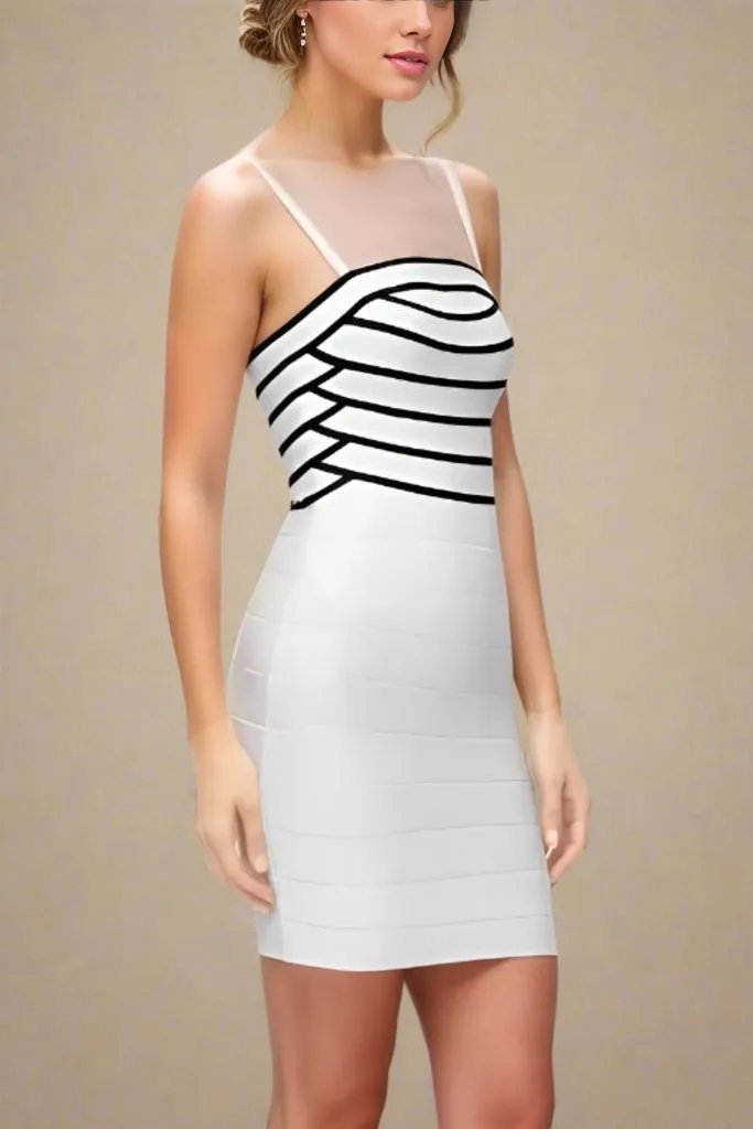 Woman wearing a figure flattering Carter Bandage Mini Dress - Pearl White BODYCON COLLECTION
