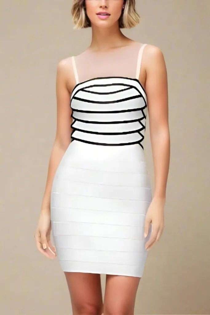 Woman wearing a figure flattering Carter Bandage Mini Dress - Pearl White BODYCON COLLECTION