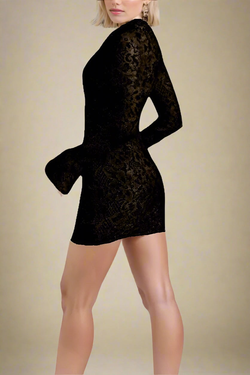 Woman wearing a figure flattering Charlotte Long Sleeve Bodycon Mini Dress - Classic Black BODYCON COLLECTION