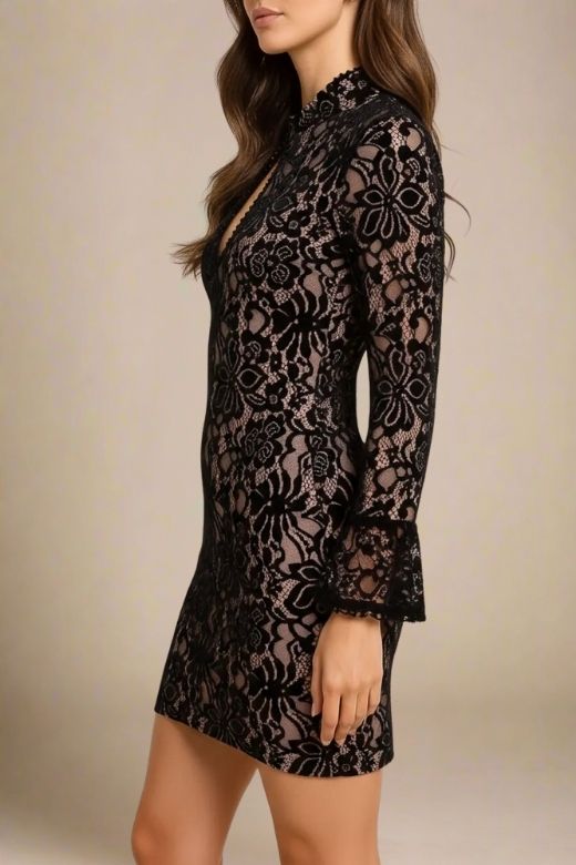 Woman wearing a figure flattering Charlotte Long Sleeve Bodycon Mini Dress - Classic Black BODYCON COLLECTION