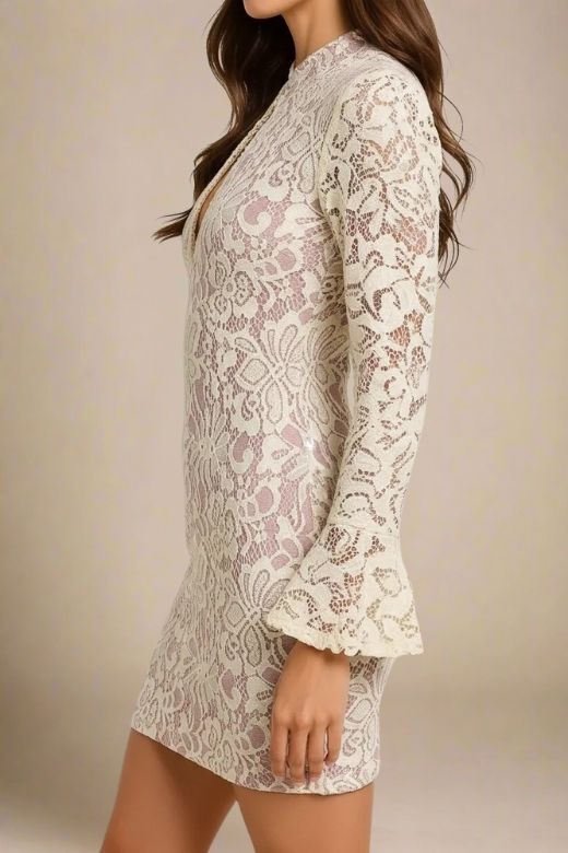 Woman wearing a figure flattering Charlotte Long Sleeve Bodycon Mini Dress - Cream BODYCON COLLECTION