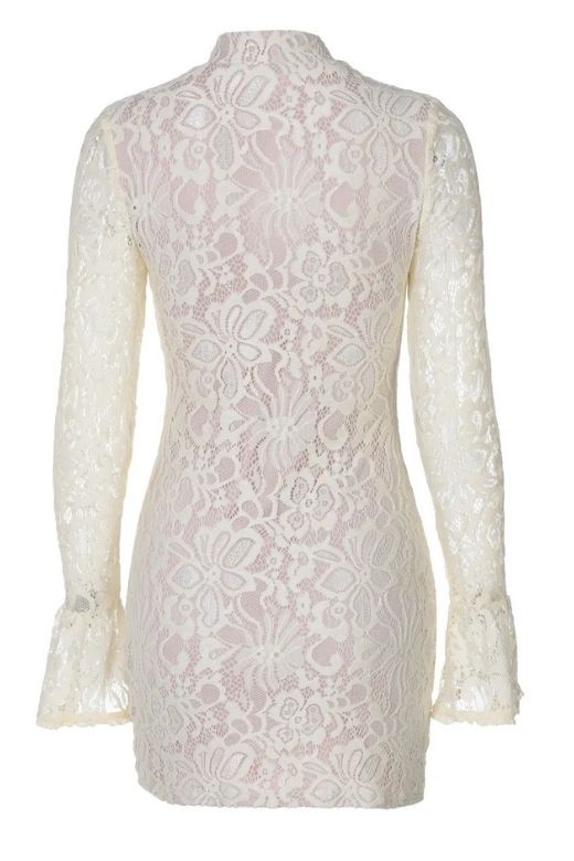 Woman wearing a figure flattering Charlotte Long Sleeve Bodycon Mini Dress - Cream BODYCON COLLECTION