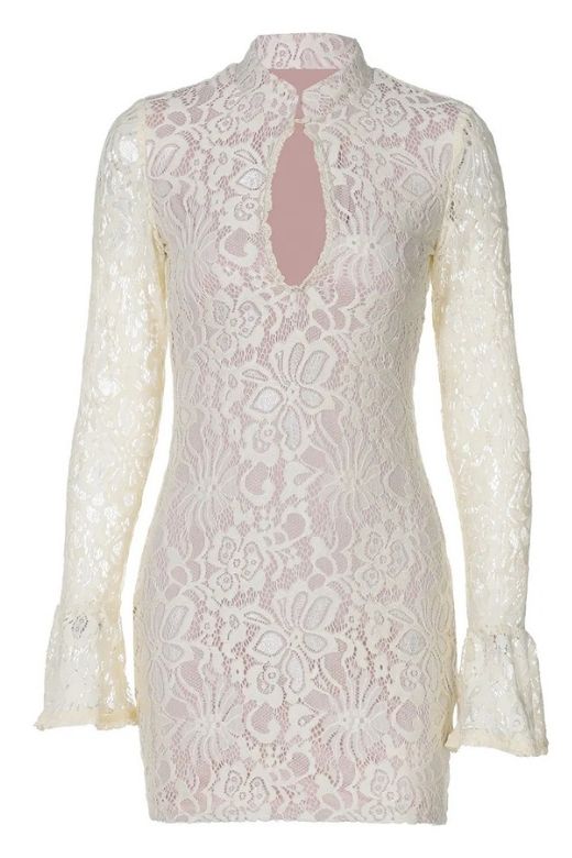 Woman wearing a figure flattering Charlotte Long Sleeve Bodycon Mini Dress - Cream BODYCON COLLECTION