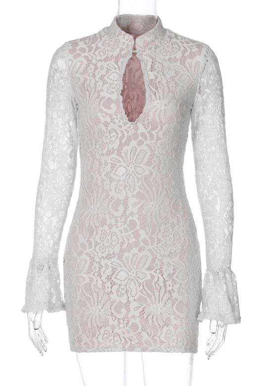 Woman wearing a figure flattering Charlotte Long Sleeve Bodycon Mini Dress - White Pearl BODYCON COLLECTION