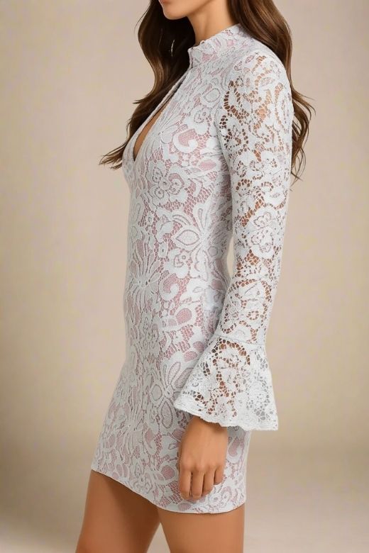 Woman wearing a figure flattering Charlotte Long Sleeve Bodycon Mini Dress - White Pearl BODYCON COLLECTION