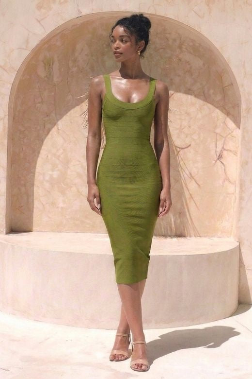 Woman wearing a figure flattering Cindy Bandage Midi Dress - Army Green BODYCON COLLECTION Pty Ltd