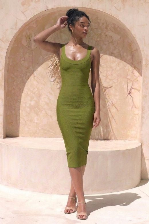 Woman wearing a figure flattering Cindy Bandage Midi Dress - Army Green BODYCON COLLECTION Pty Ltd