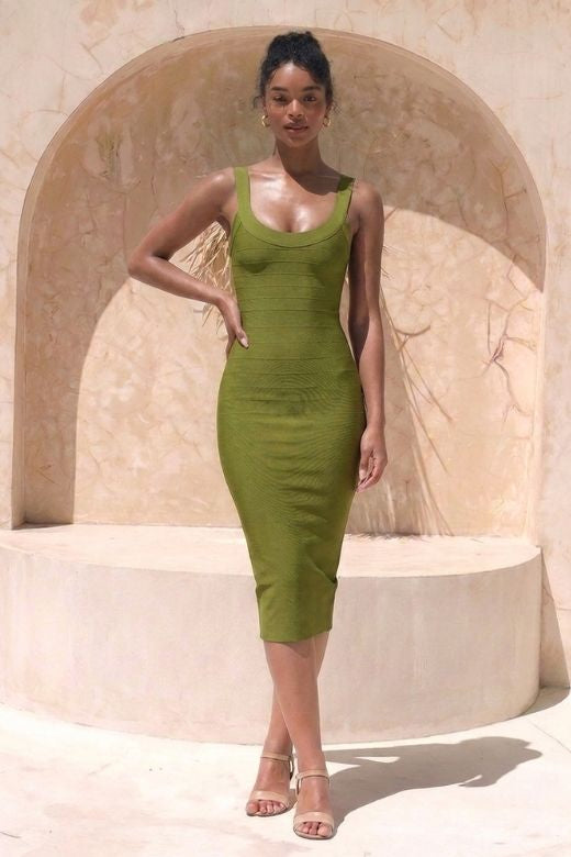 Woman wearing a figure flattering Cindy Bandage Midi Dress - Army Green BODYCON COLLECTION Pty Ltd