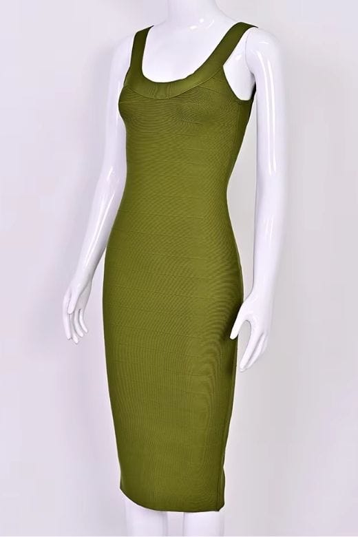 Woman wearing a figure flattering Cindy Bandage Midi Dress - Army Green BODYCON COLLECTION Pty Ltd