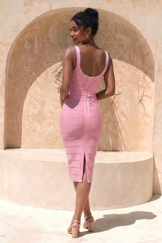 Woman wearing a figure flattering Cindy Bandage Midi Dress - Blush Pink BODYCON COLLECTION Pty Ltd
