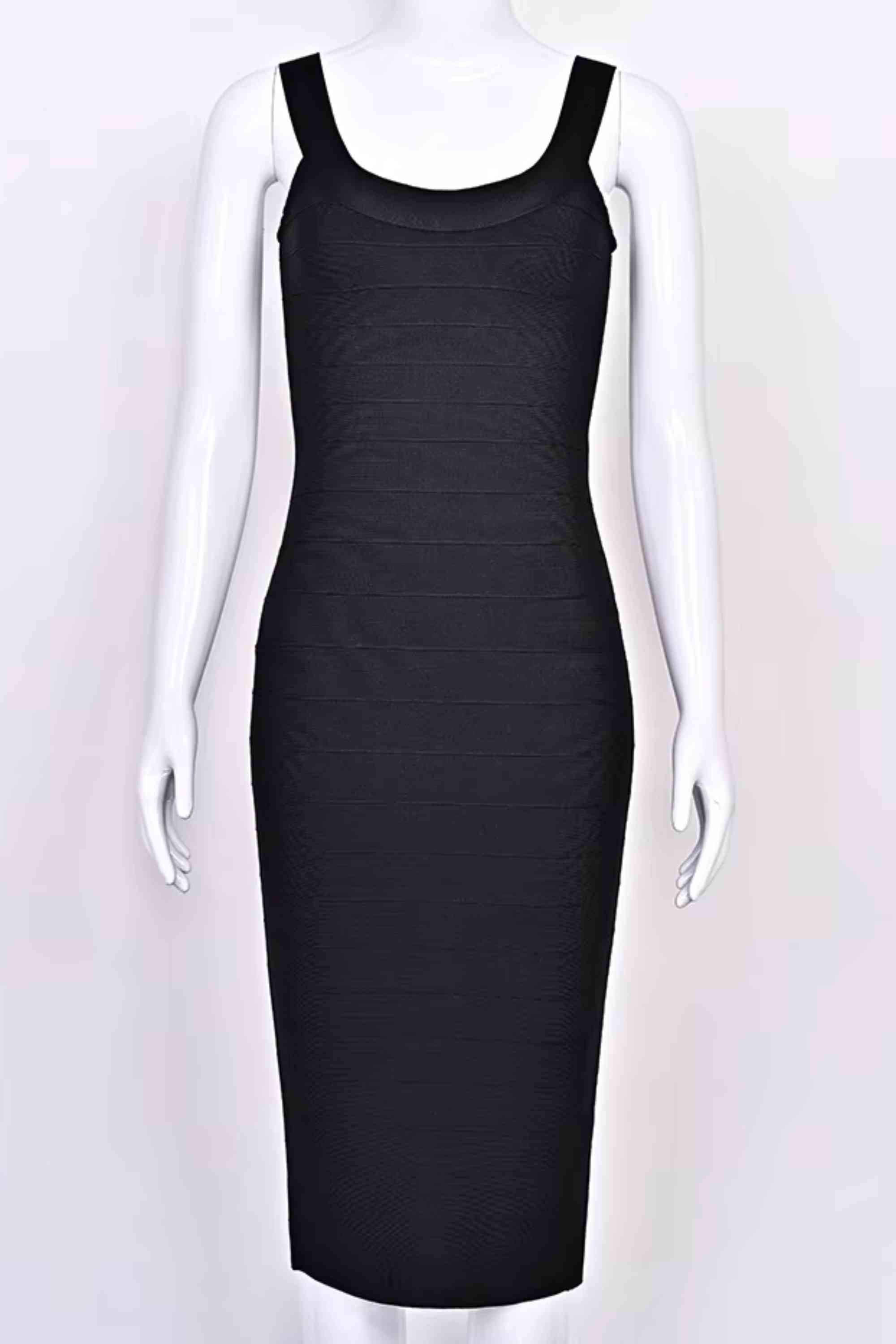 Woman wearing a figure flattering Cindy Bandage Midi Dress - Classic Black BODYCON COLLECTION Pty Ltd