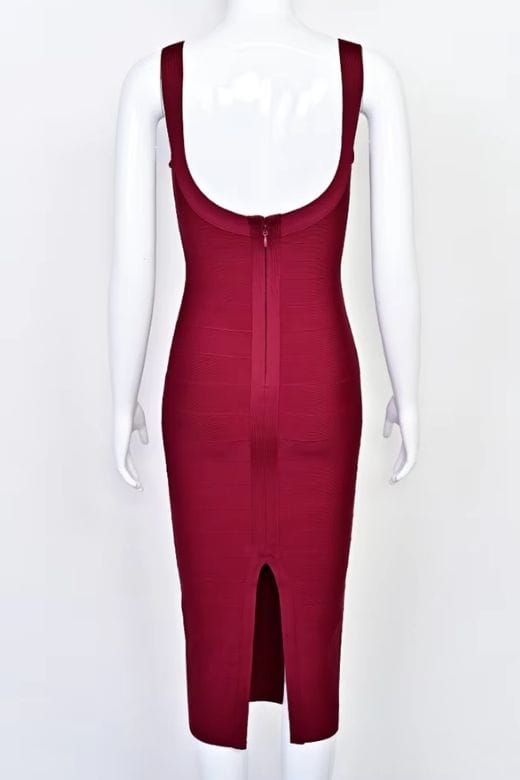 Woman wearing a figure flattering Cindy Bandage Midi Dress - Red Wine BODYCON COLLECTION Pty Ltd