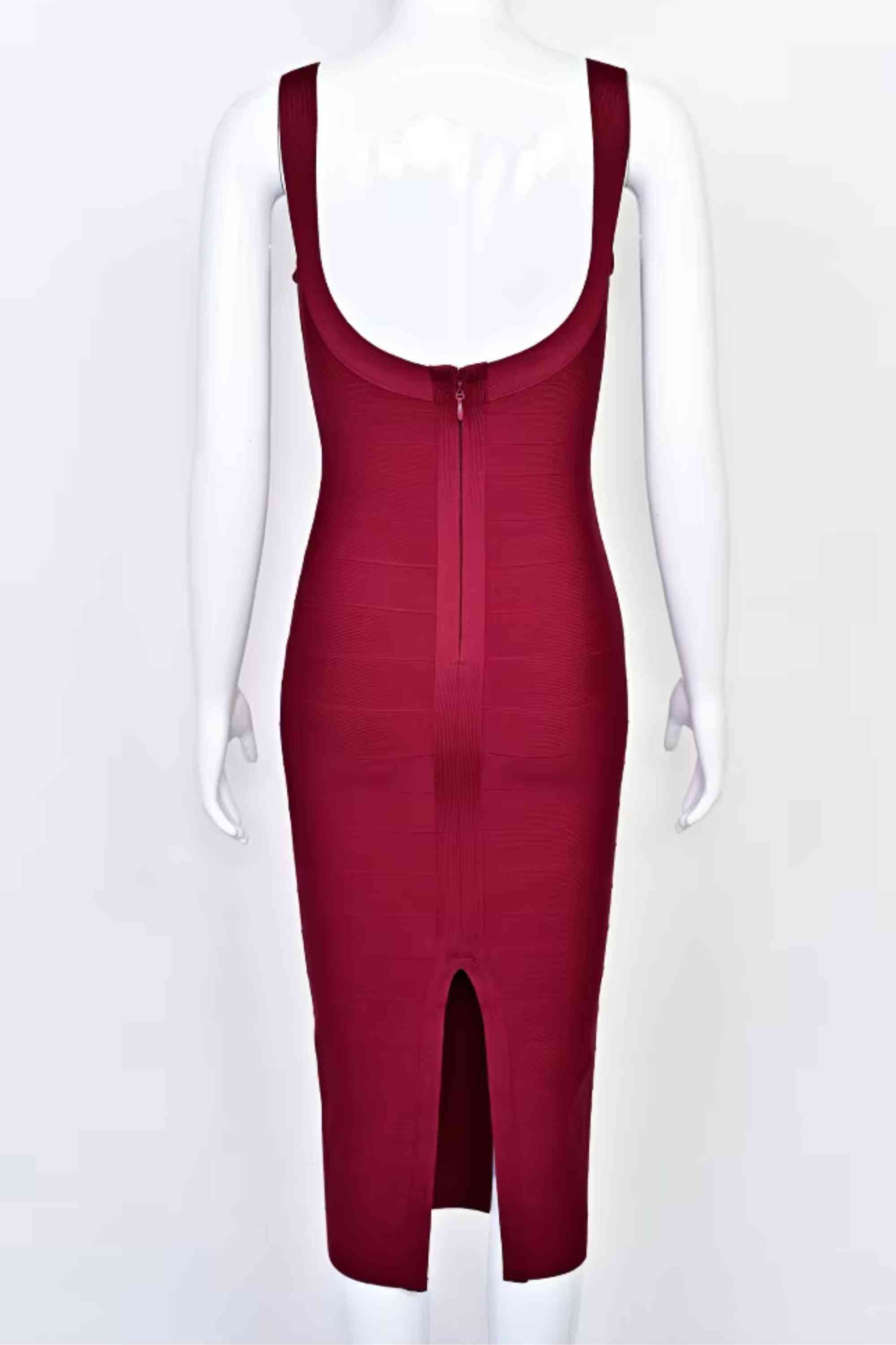 Woman wearing a figure flattering Cindy Bandage Midi Dress - Red Wine BODYCON COLLECTION Pty Ltd