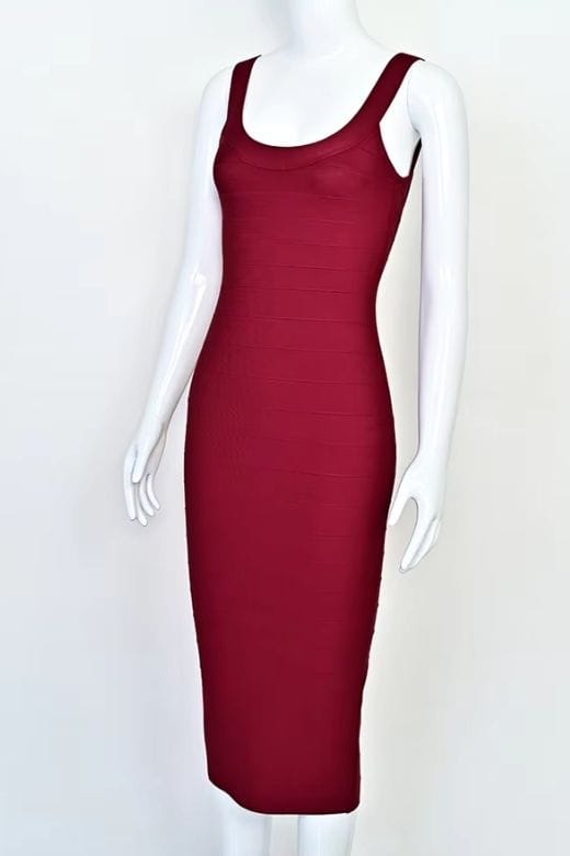 Woman wearing a figure flattering Cindy Bandage Midi Dress - Red Wine BODYCON COLLECTION Pty Ltd