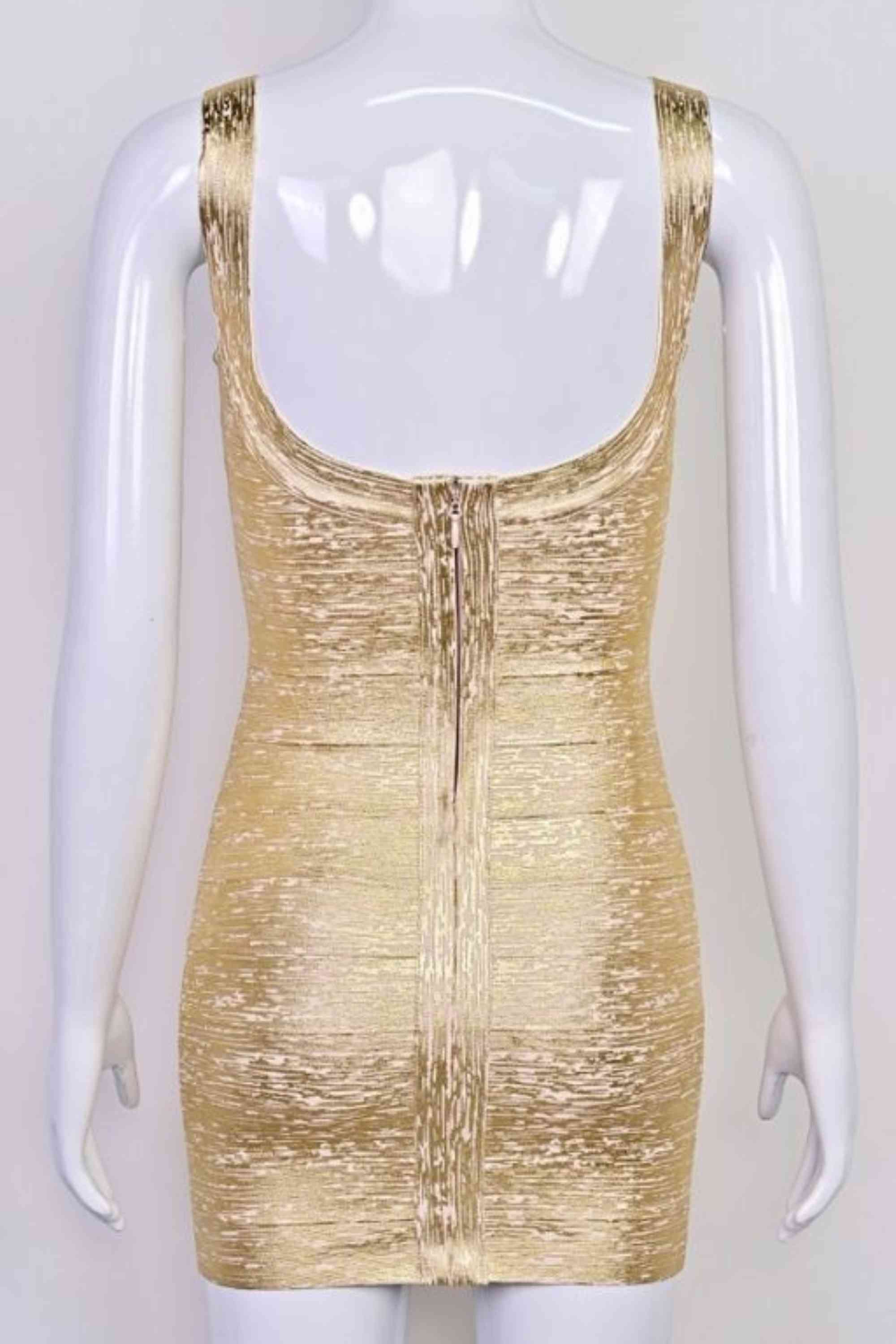 Woman wearing a figure flattering Cindy Bandage Mini Dress - Gold BODYCON COLLECTION Pty Ltd