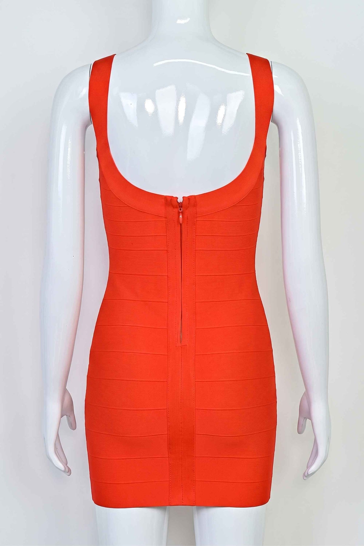 Woman wearing a figure flattering Cindy Bandage Mini Dress - Lipstick Red BODYCON COLLECTION Pty Ltd