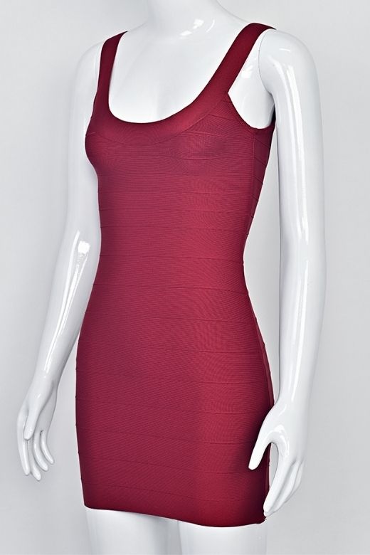 Woman wearing a figure flattering Cindy Bandage Mini Dress - Red Wine BODYCON COLLECTION Pty Ltd