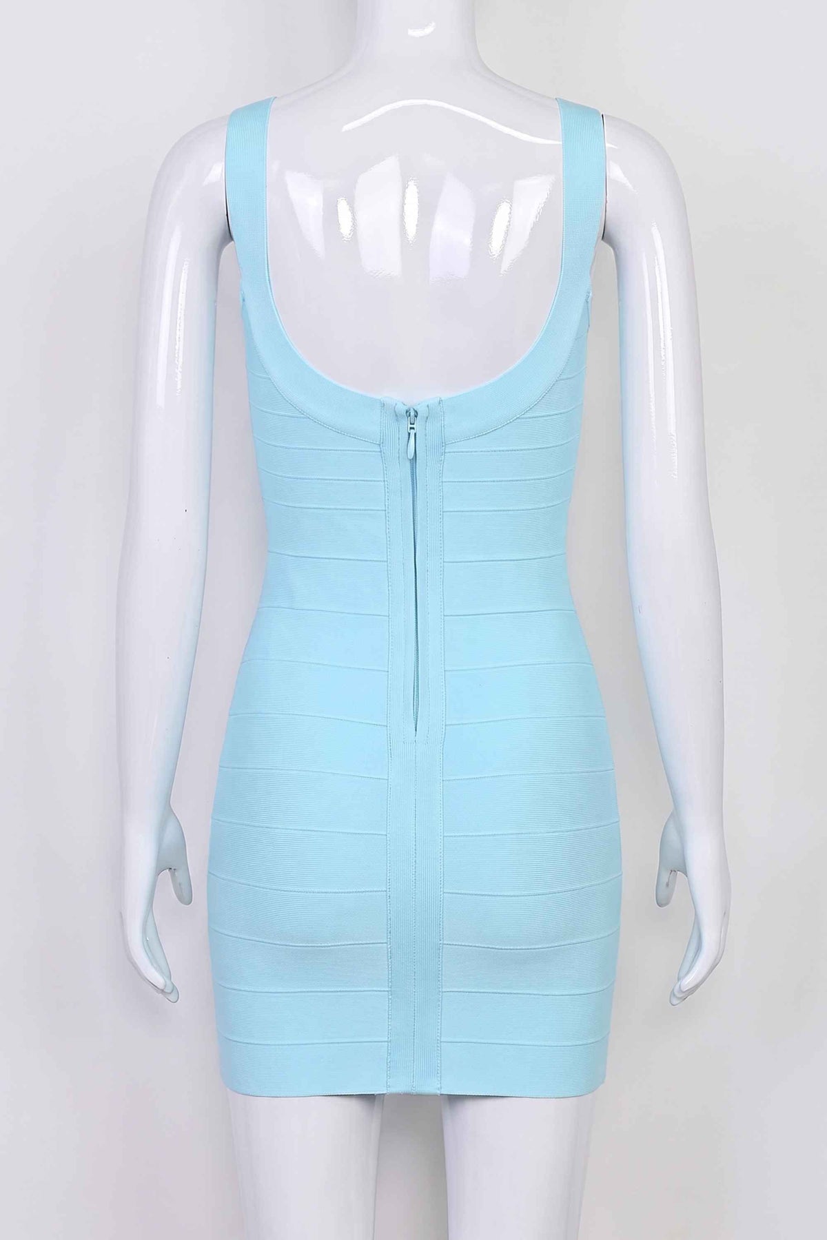 Woman wearing a figure flattering Cindy Bandage Mini Dress - Sky Blue BODYCON COLLECTION Pty Ltd
