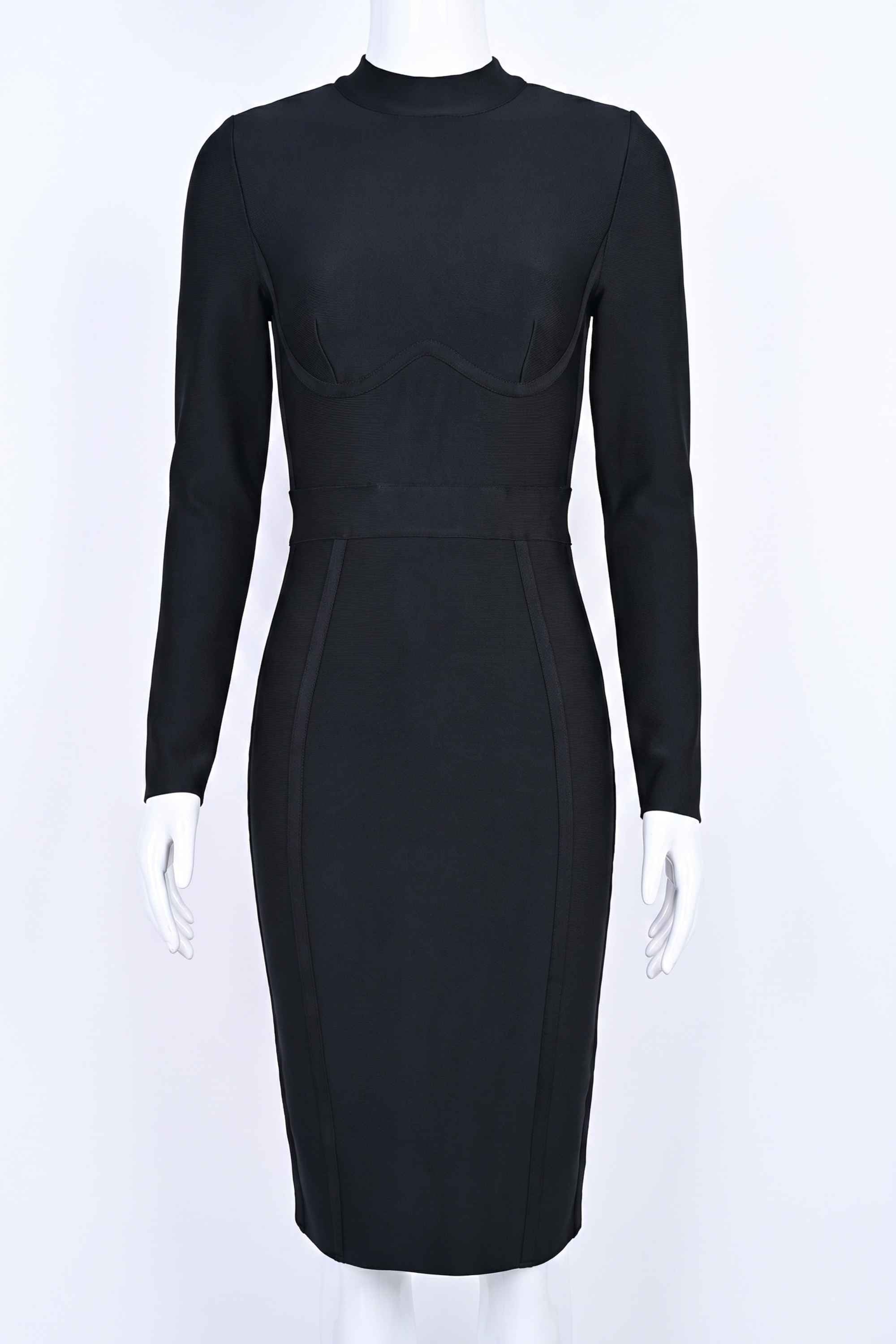 Woman wearing a figure flattering Dee Long Sleeve Bandage Dress - Classic Black BODYCON COLLECTION