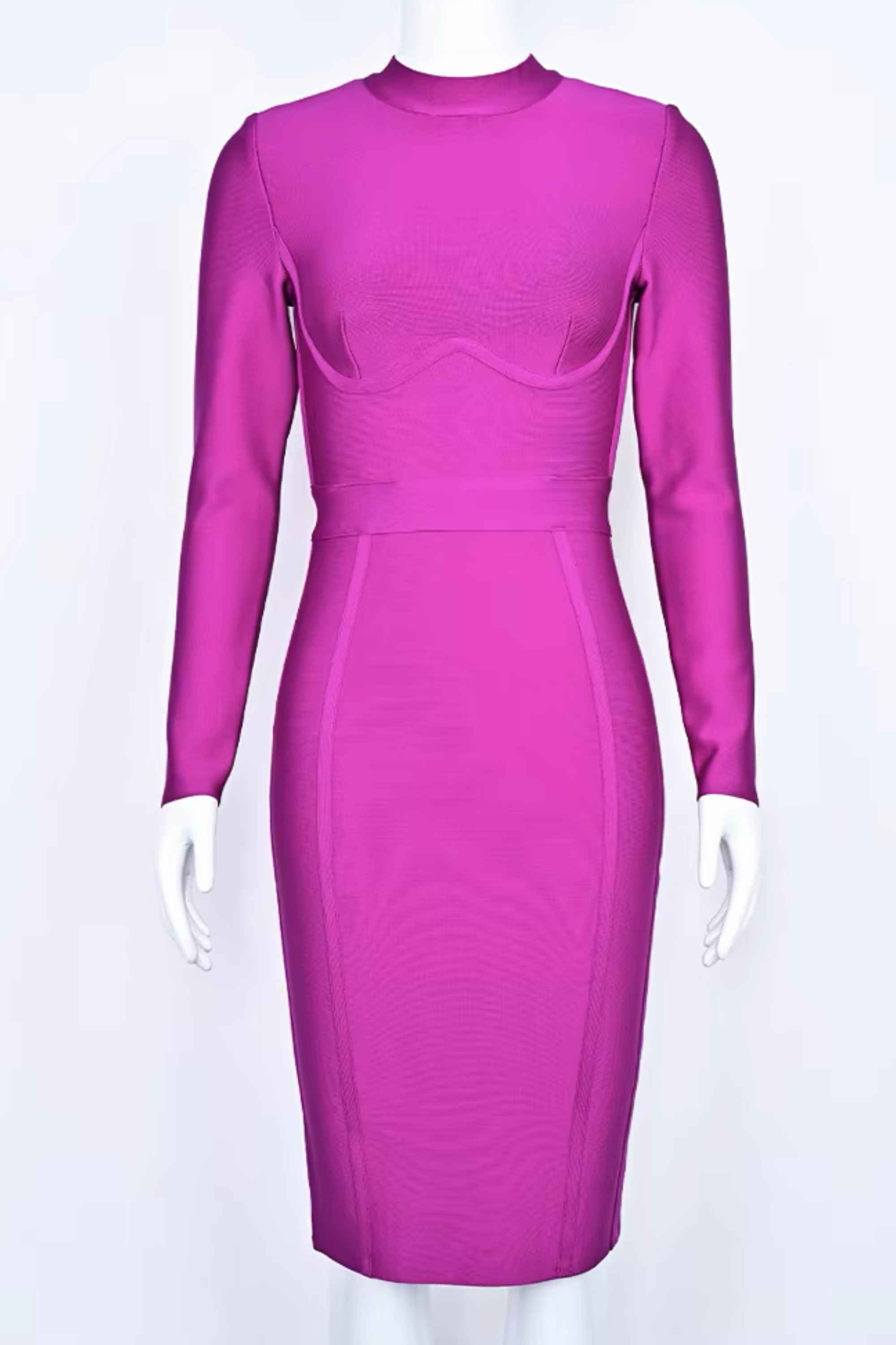 Woman wearing a figure flattering Dee Long Sleeve Bandage Dress - Neon Purple BODYCON COLLECTION