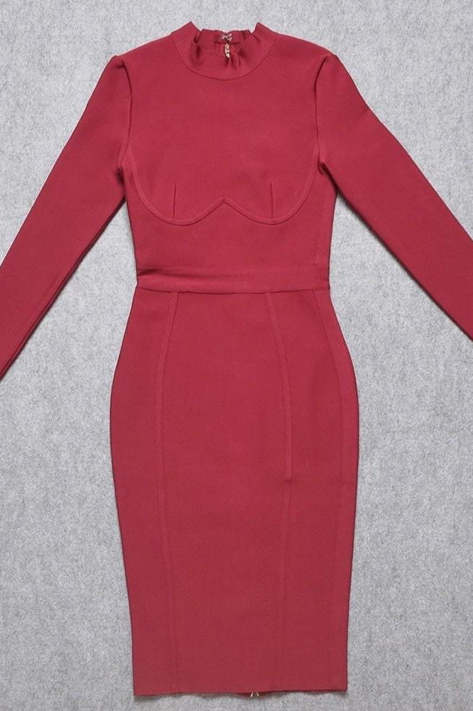 Woman wearing a figure flattering  Dee Long Sleeve Bandage Dress - Red Wine BODYCON COLLECTION