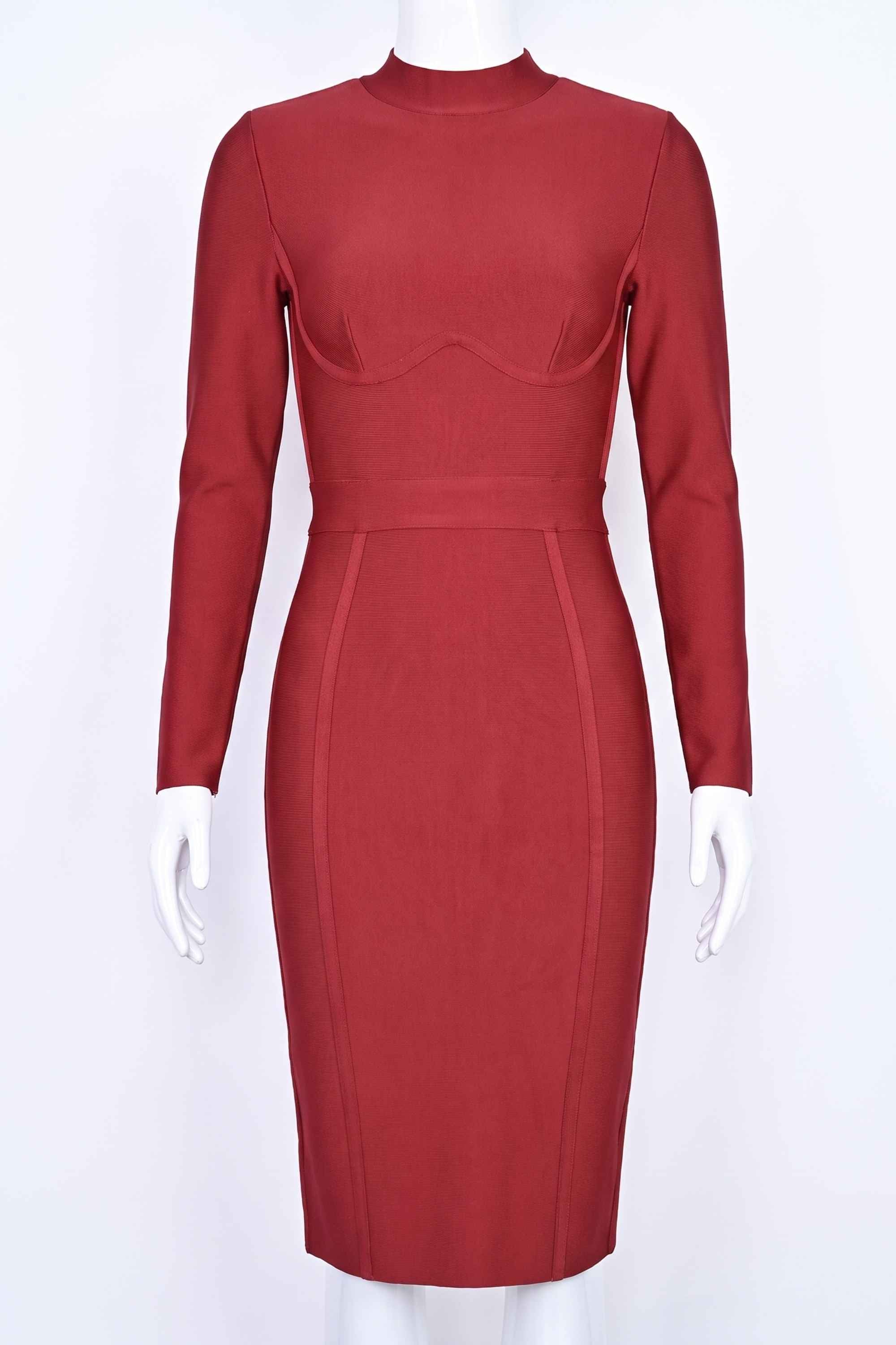 Woman wearing a figure flattering Dee Long Sleeve Bandage Dress - Red Wine BODYCON COLLECTION