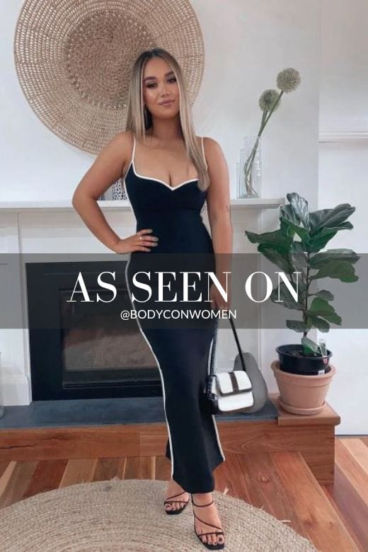Woman wearing a figure flattering Dianne Bandage Maxi Dress - Classic Black BODYCON COLLECTION