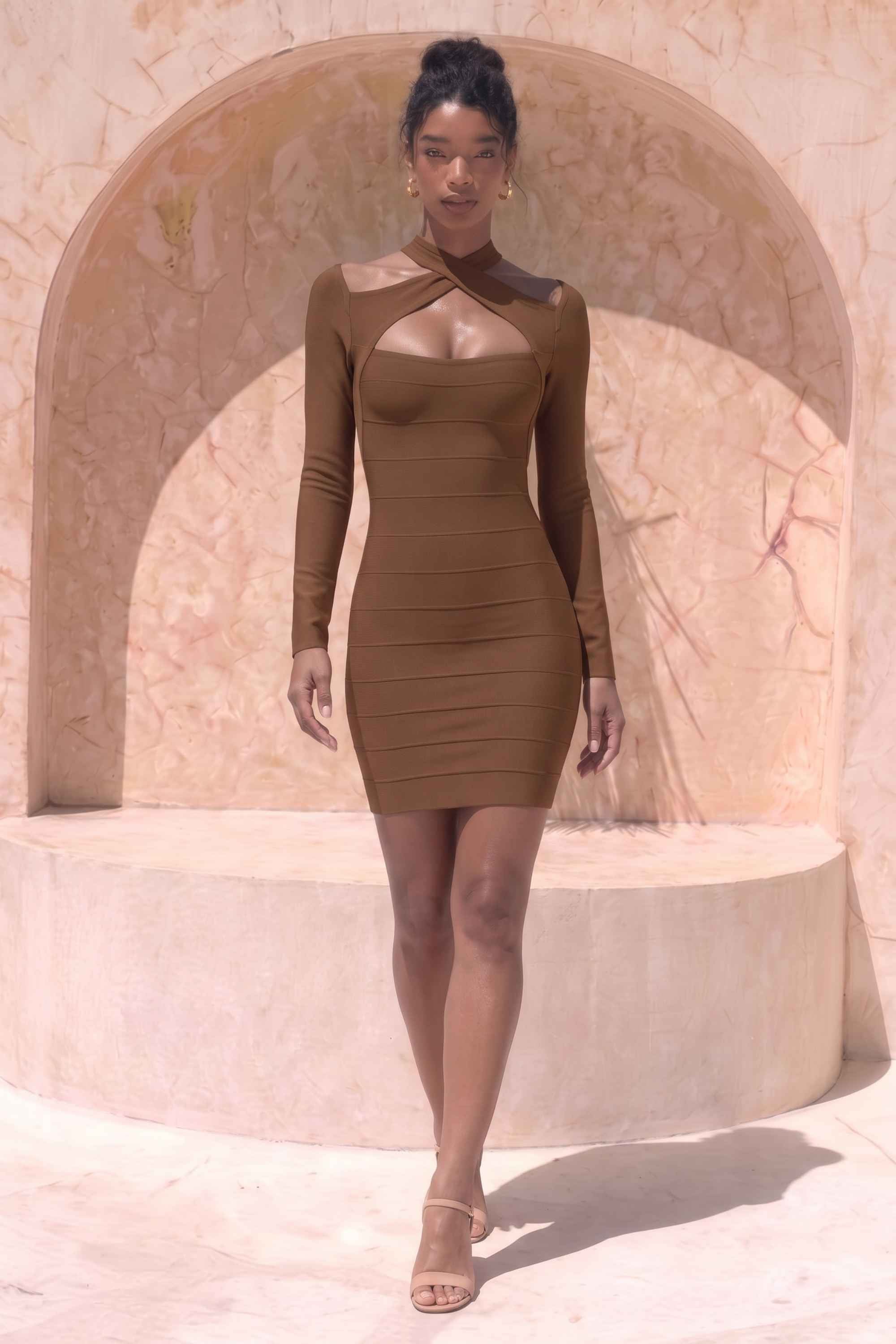 Woman wearing a figure flattering Dovie Long Sleeve Bandage Mini Dress - Coffee Brown BODYCON COLLECTION Pty Ltd