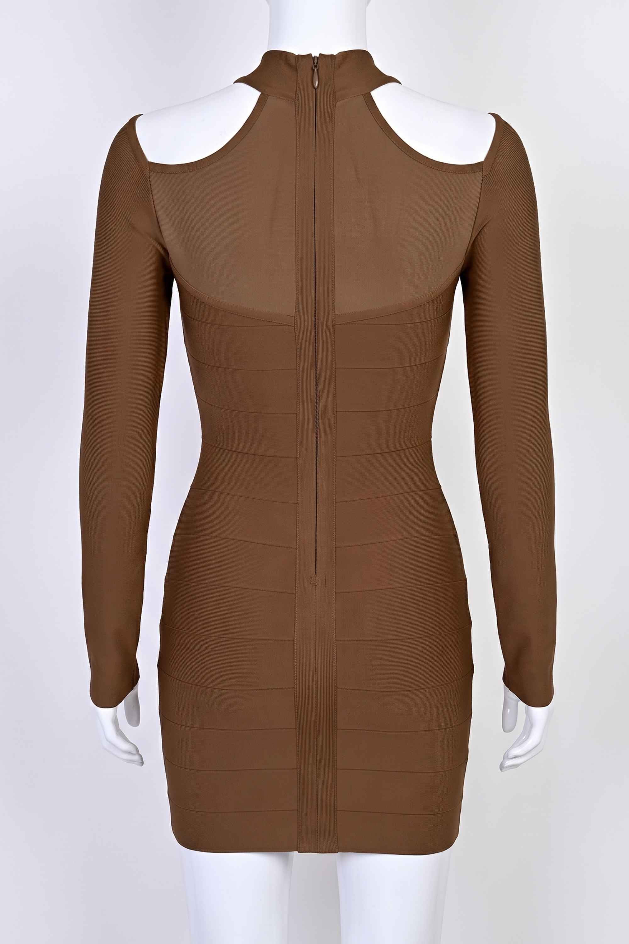 Woman wearing a figure flattering Dovie Long Sleeve Bandage Mini Dress - Coffee Brown BODYCON COLLECTION Pty Ltd