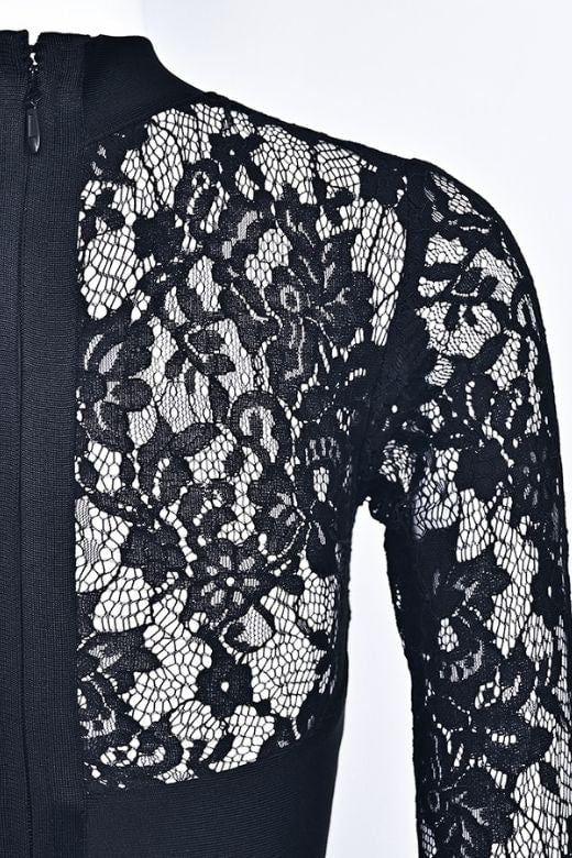 Woman wearing a figure flattering Elia Long Sleeve Bandage Dress - Classic Black BODYCON COLLECTION Pty Ltd