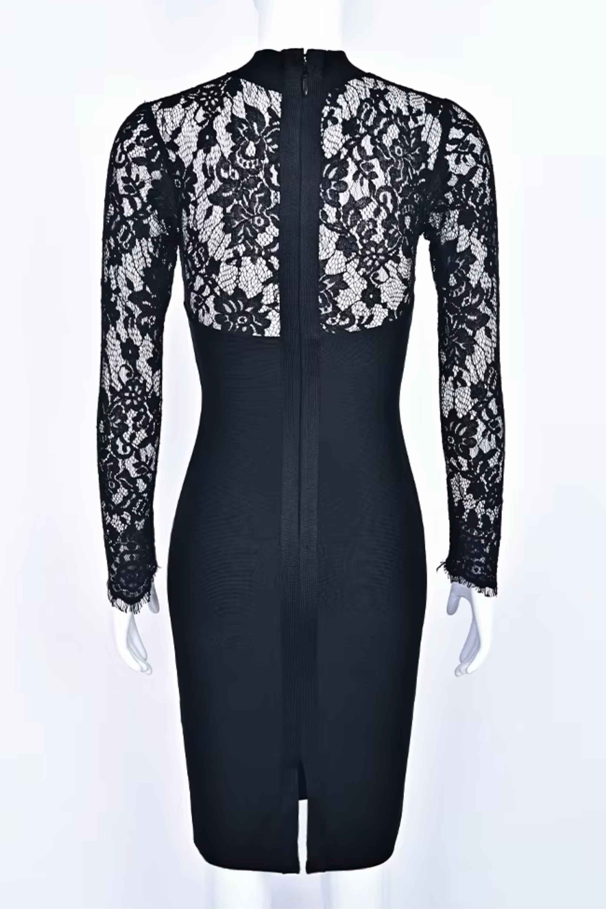 Woman wearing a figure flattering Elia Long Sleeve Bandage Dress - Classic Black BODYCON COLLECTION Pty Ltd