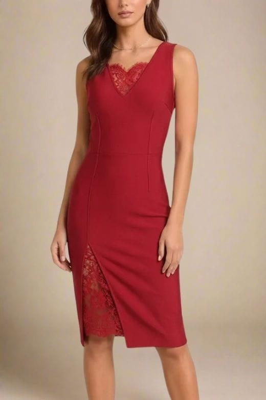 Woman wearing a figure flattering Elsa Bodycon Dress - Red Wine BODYCON COLLECTION Pty Ltd