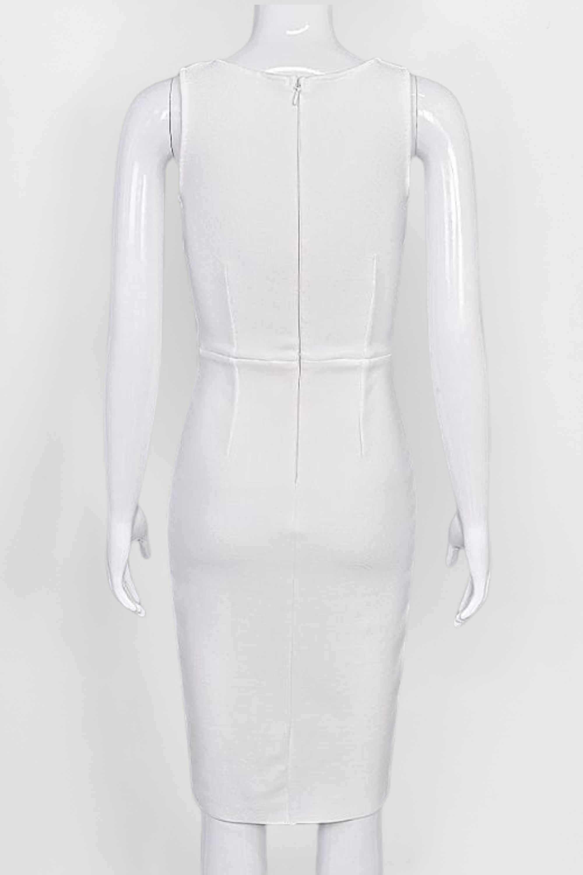 Woman wearing a figure flattering Elsa Bodycon Dress - White Pearl BODYCON COLLECTION Pty Ltd