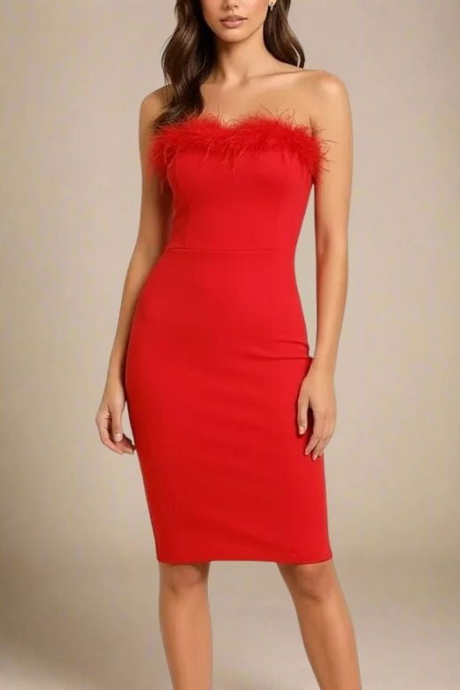 Woman wearing a figure flattering Erin Bandage Dress - Lipstick Red BODYCON COLLECTION
