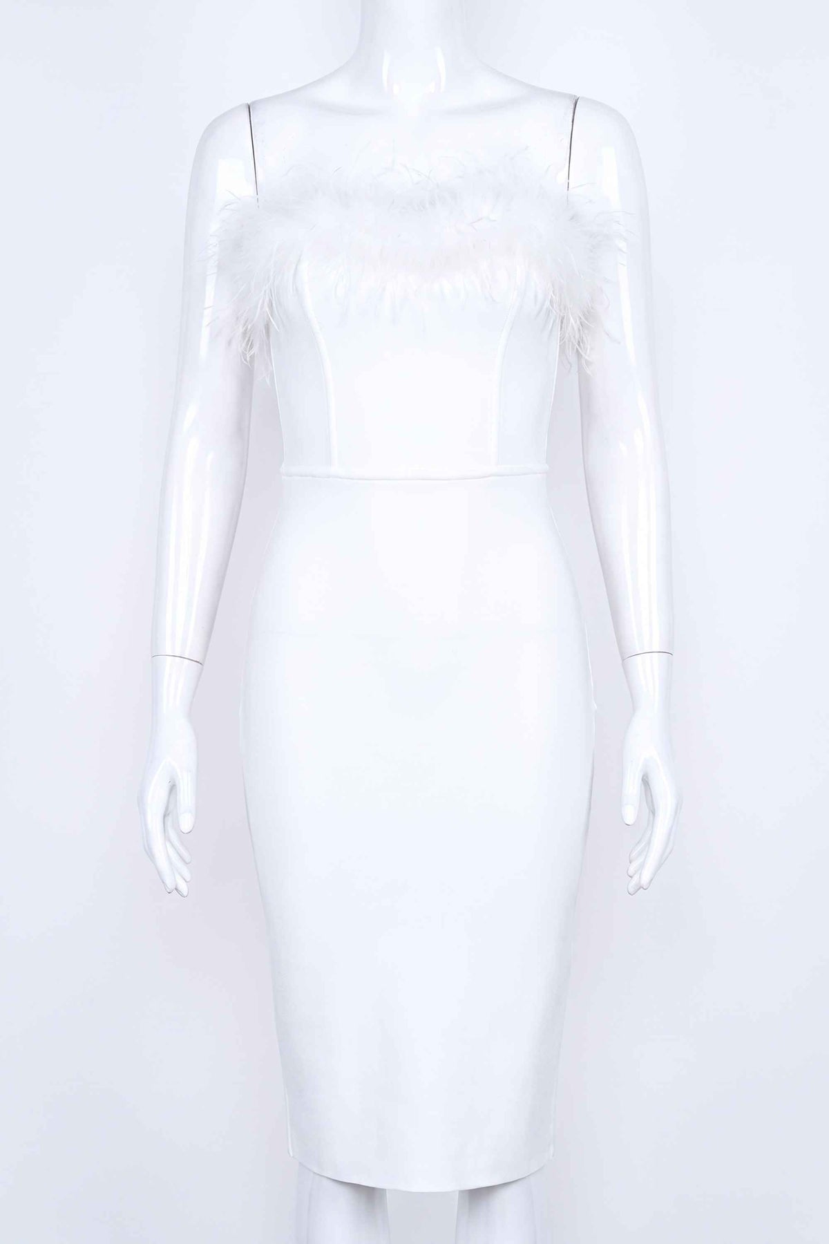 Woman wearing a figure flattering Erin Bandage Dress - Pearl White BODYCON COLLECTION