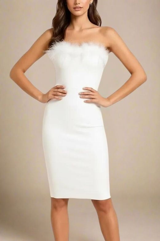 Woman wearing a figure flattering Erin Bandage Dress - White Pearl BODYCON COLLECTION