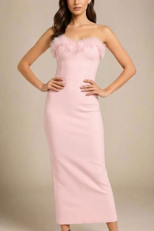 Woman wearing a figure flattering Erin Bandage Maxi Dress - Dusty Pink BODYCON COLLECTION