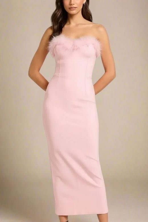 Woman wearing a figure flattering Erin Bandage Maxi Dress - Dusty Pink BODYCON COLLECTION