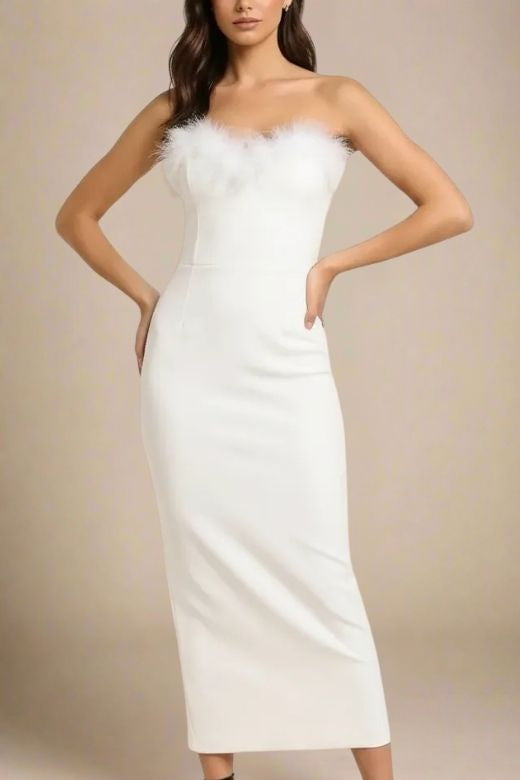 Woman wearing a figure flattering Erin Bandage Maxi Dress - White Pearl BODYCON COLLECTION