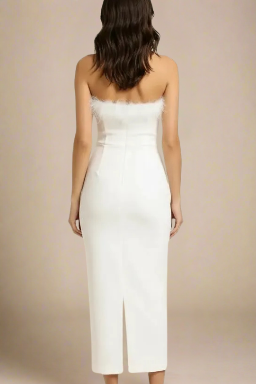 Woman wearing a figure flattering Erin Bodycon Maxi Dress - Pearl White BODYCON COLLECTION