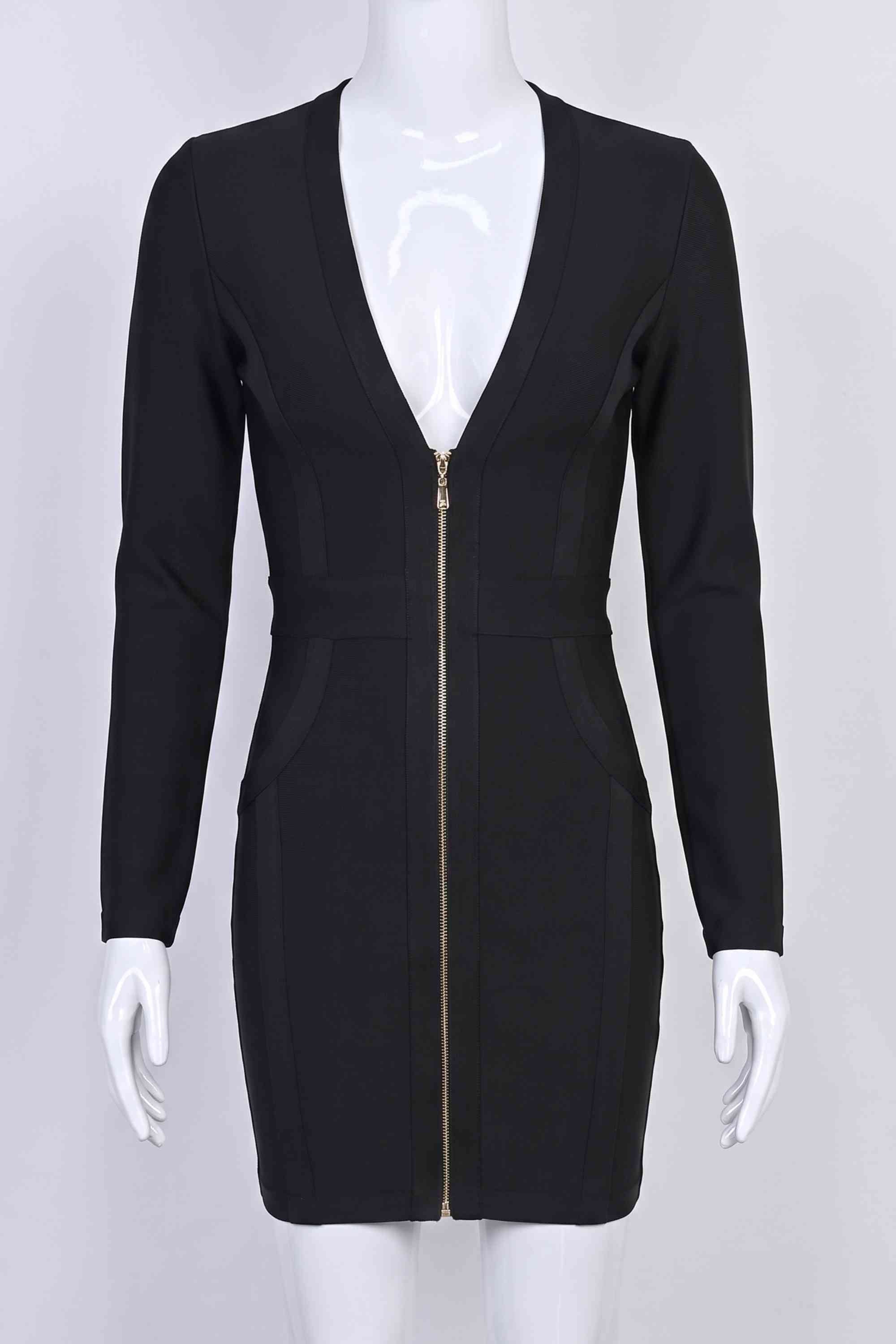Woman wearing a figure flattering Eva Long Sleeve Bandage Mini Dress - Classic Black BODYCON COLLECTION