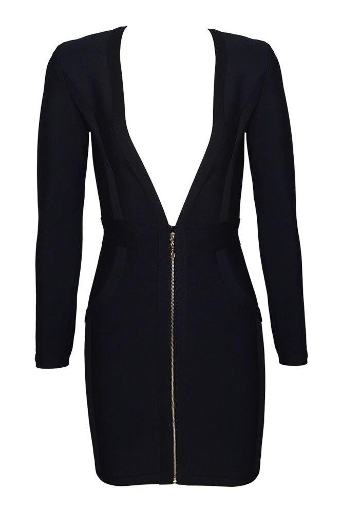 Woman wearing a figure flattering Eva Long Sleeve Bandage Mini Dress - Classic Black BODYCON COLLECTION
