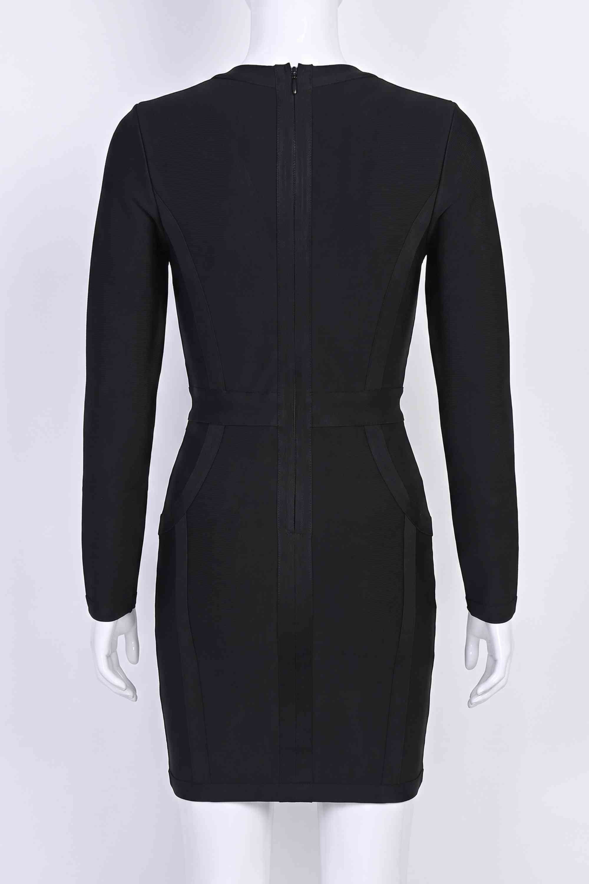 Woman wearing a figure flattering Eva Long Sleeve Bandage Mini Dress - Classic Black BODYCON COLLECTION